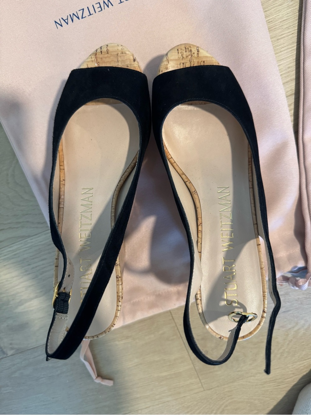 Stuart Weitzman Black Suede Peep-Toe Slingback Pumps